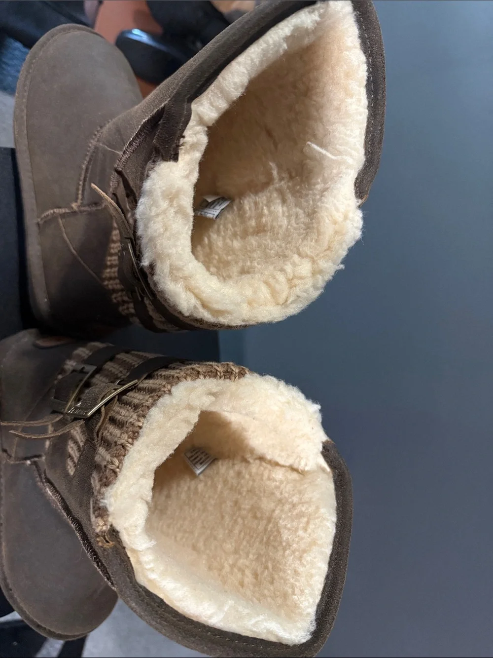 BearPaw Brown Suede Shearling-Lined Knit-Panel Boots Size 10